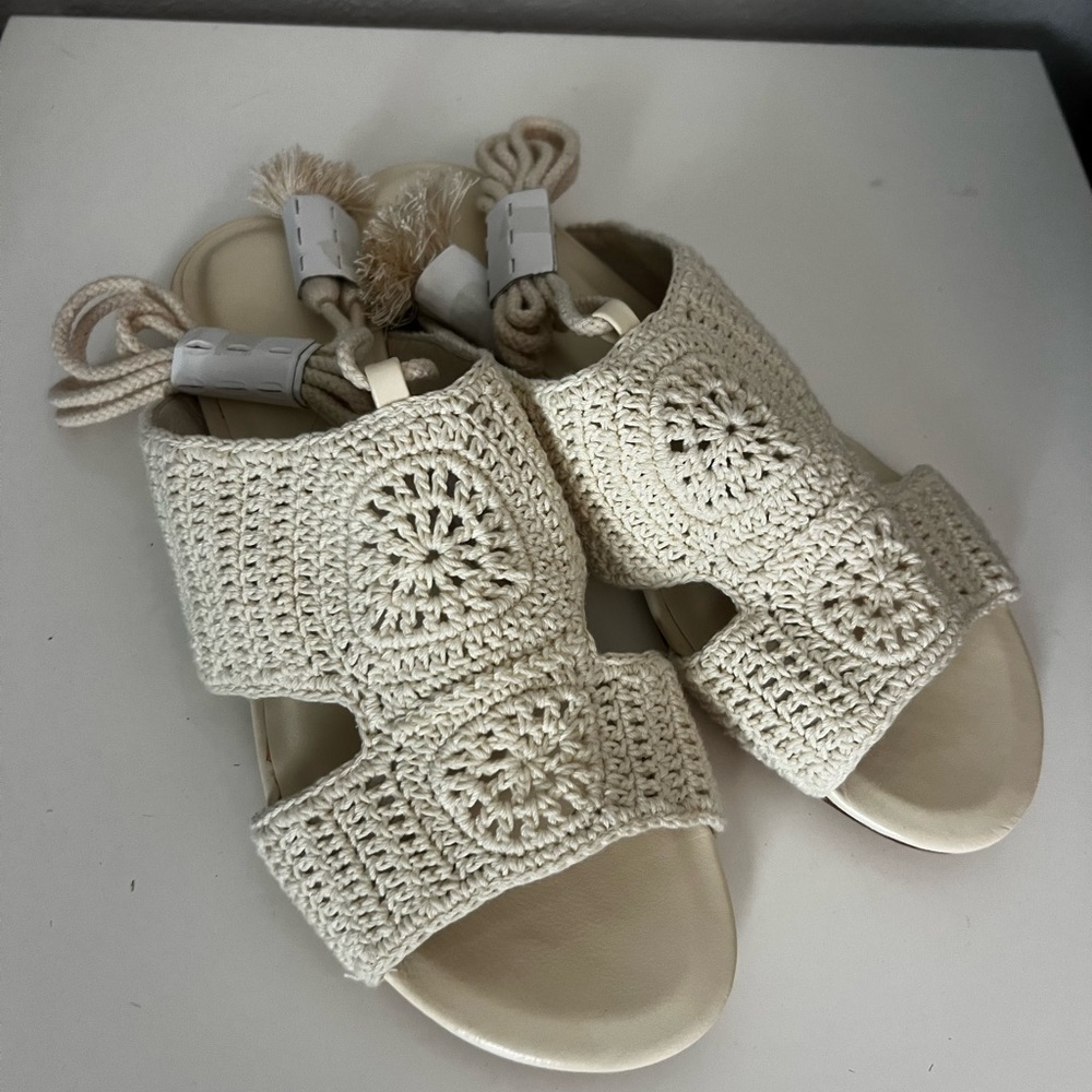 New Joie Crochet Cream Ankle Tie Sandals (from Bloomingdale’s)